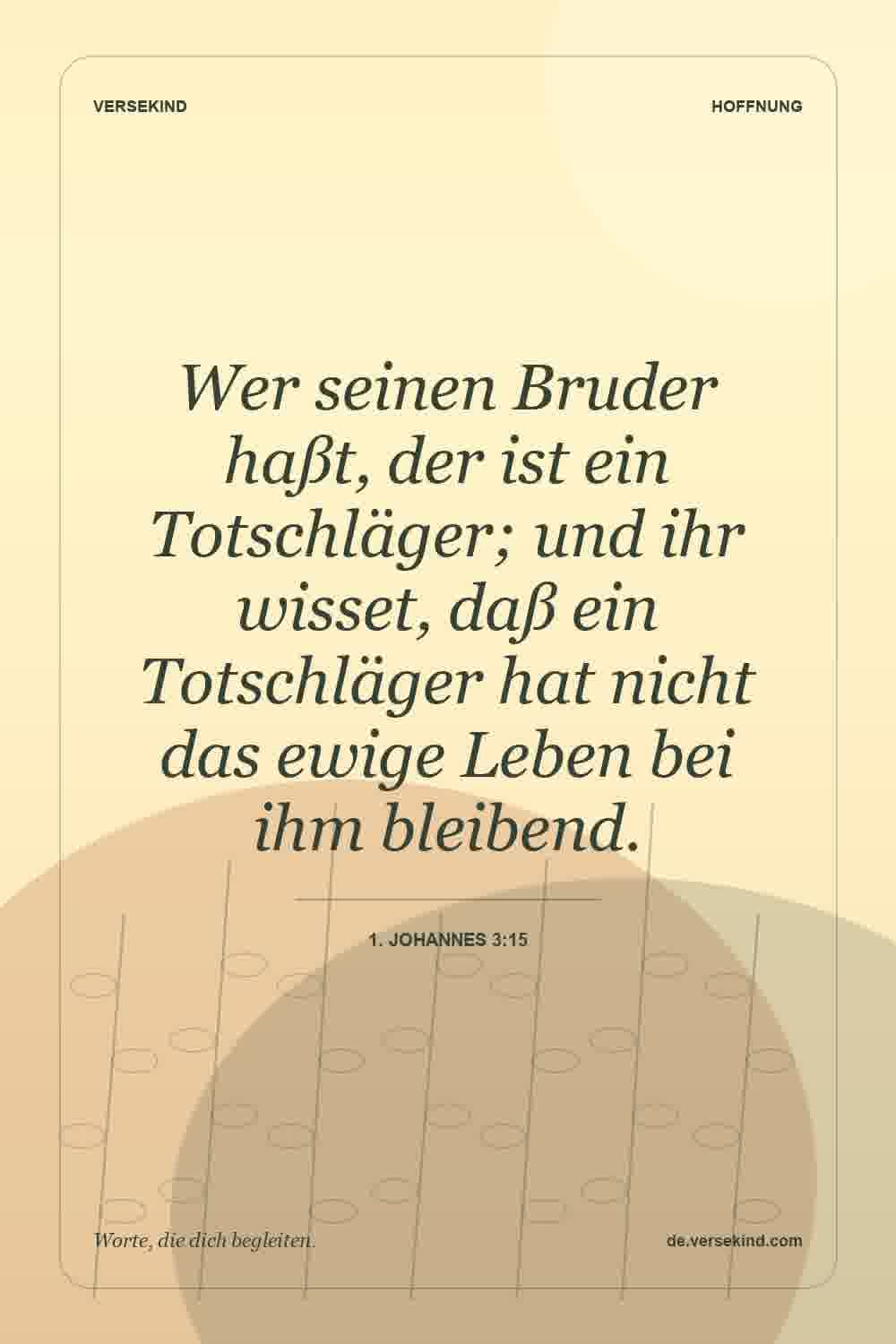Wer seinen Bruder haßt, der ist ein Totschläger; und ihr wisset, daß ein Totschläger hat nicht das ewige Leben bei ihm bleibend. — 1. Johannes 3:15
