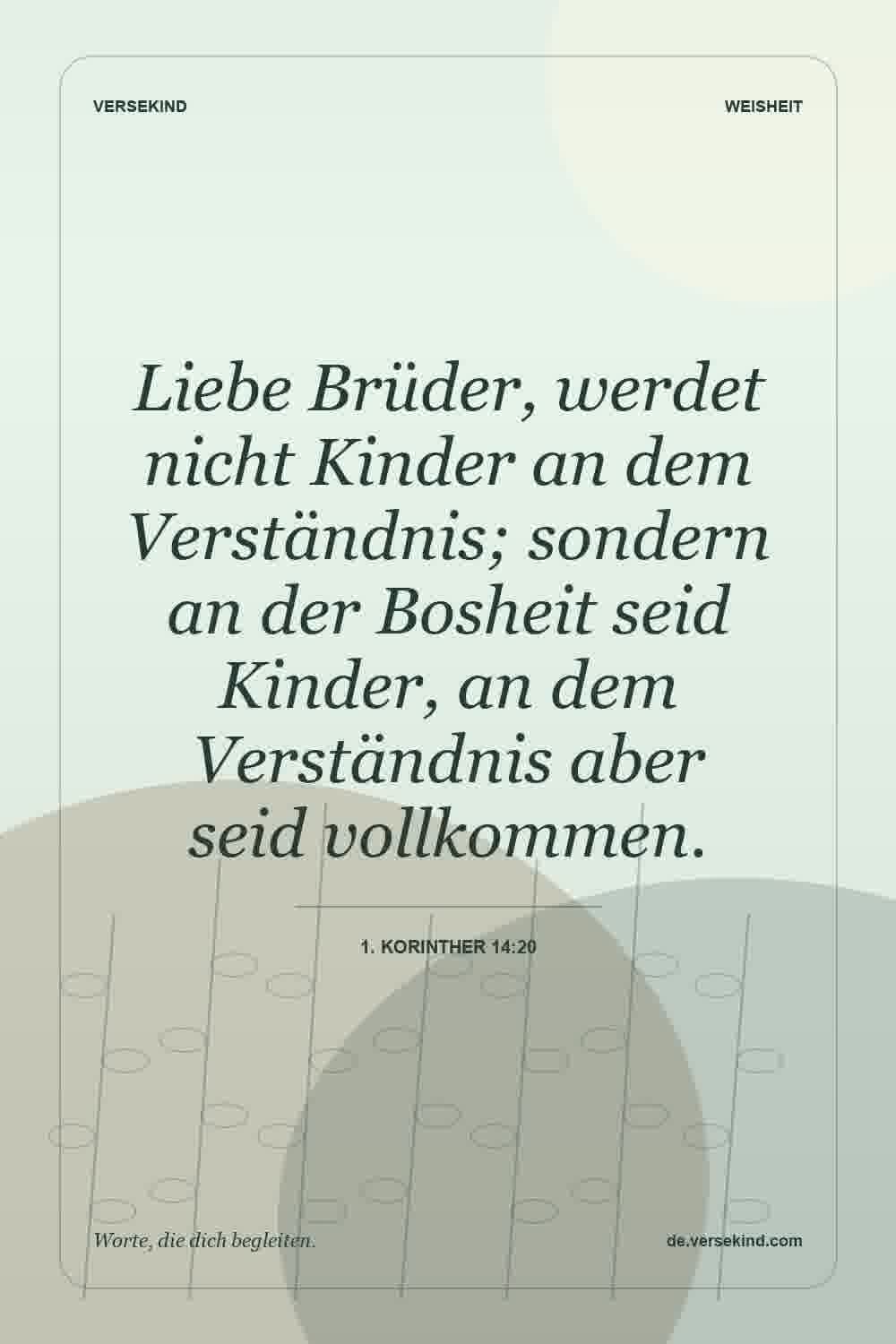 Liebe Brüder, werdet nicht Kinder an dem Verständnis; sondern an der Bosheit seid Kinder, an dem Verständnis aber seid vollkommen. — 1. Korinther 14:20