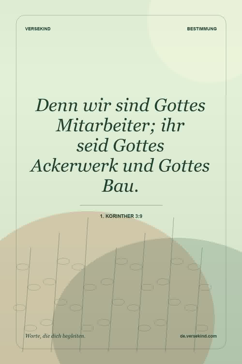Denn wir sind Gottes Mitarbeiter; ihr seid Gottes Ackerwerk und Gottes Bau. — 1. Korinther 3:9