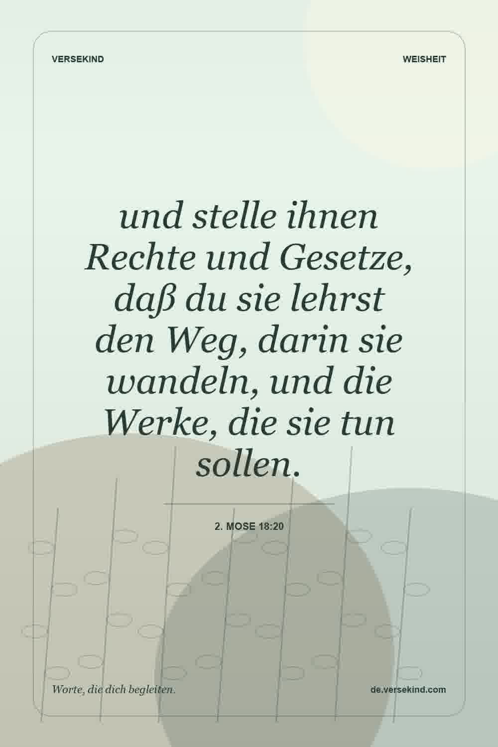 und stelle ihnen Rechte und Gesetze, daß du sie lehrst den Weg, darin sie wandeln, und die Werke, die sie tun sollen. — 2. Mose 18:20