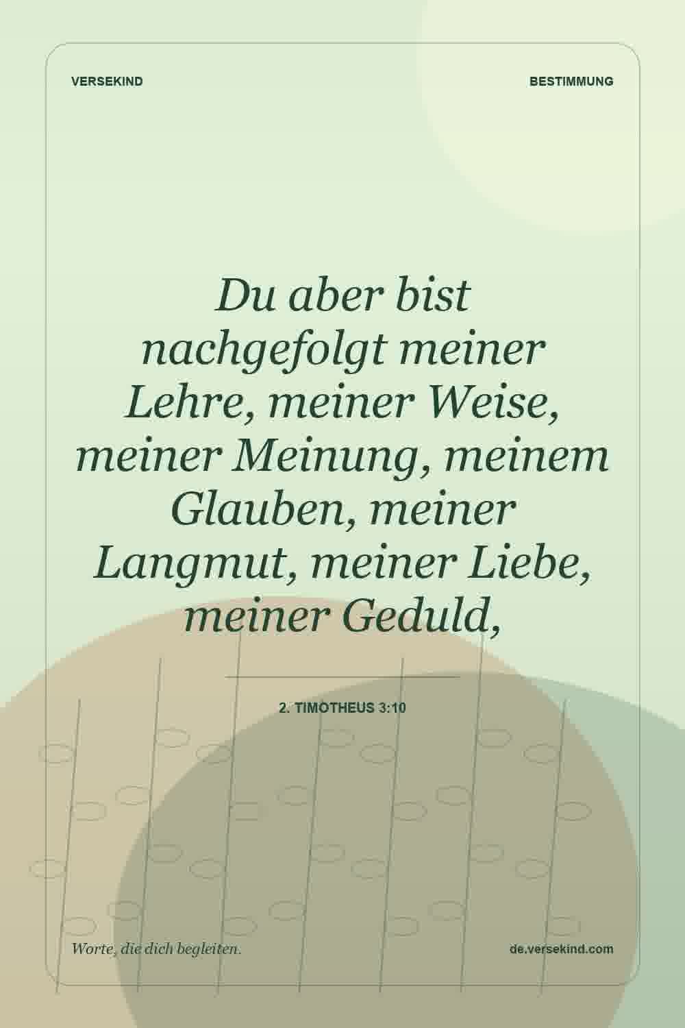 Du aber bist nachgefolgt meiner Lehre, meiner Weise, meiner Meinung, meinem Glauben, meiner Langmut, meiner Liebe, meiner Geduld, — 2. Timotheus 3:10
