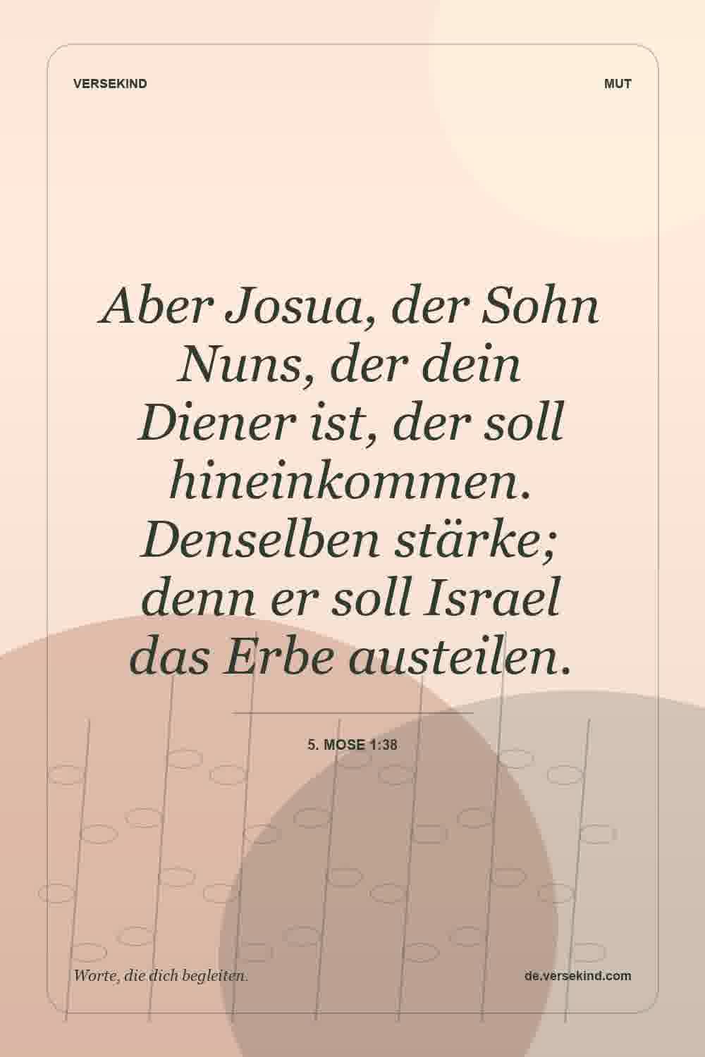 Aber Josua, der Sohn Nuns, der dein Diener ist, der soll hineinkommen. Denselben stärke; denn er soll Israel das Erbe austeilen. — 5. Mose 1:38
