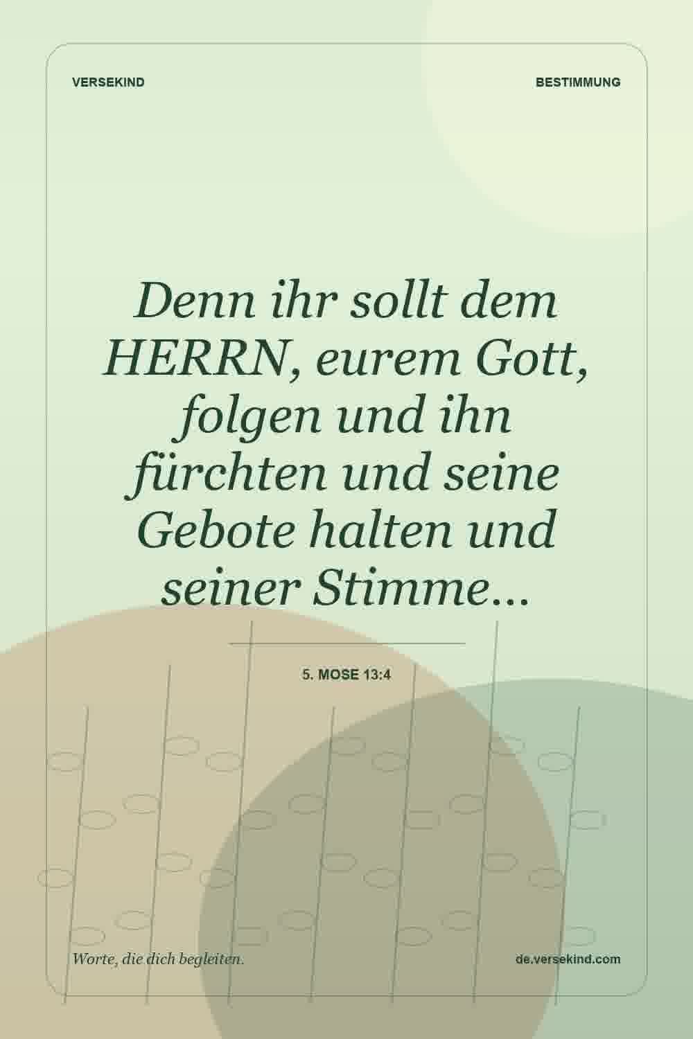 Denn ihr sollt dem HERRN, eurem Gott, folgen und ihn fürchten und seine Gebote halten und seiner Stimme… — 5. Mose 13:4