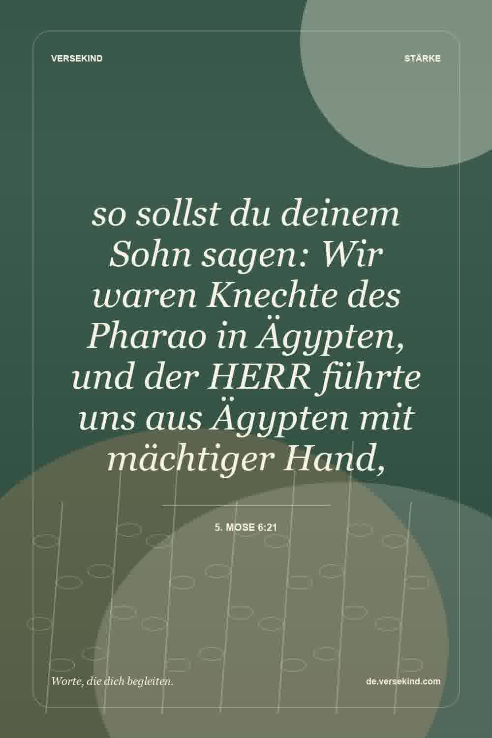 so sollst du deinem Sohn sagen: Wir waren Knechte des Pharao in Ägypten, und der HERR führte uns aus Ägypten mit mächtiger Hand, — 5. Mose 6:21