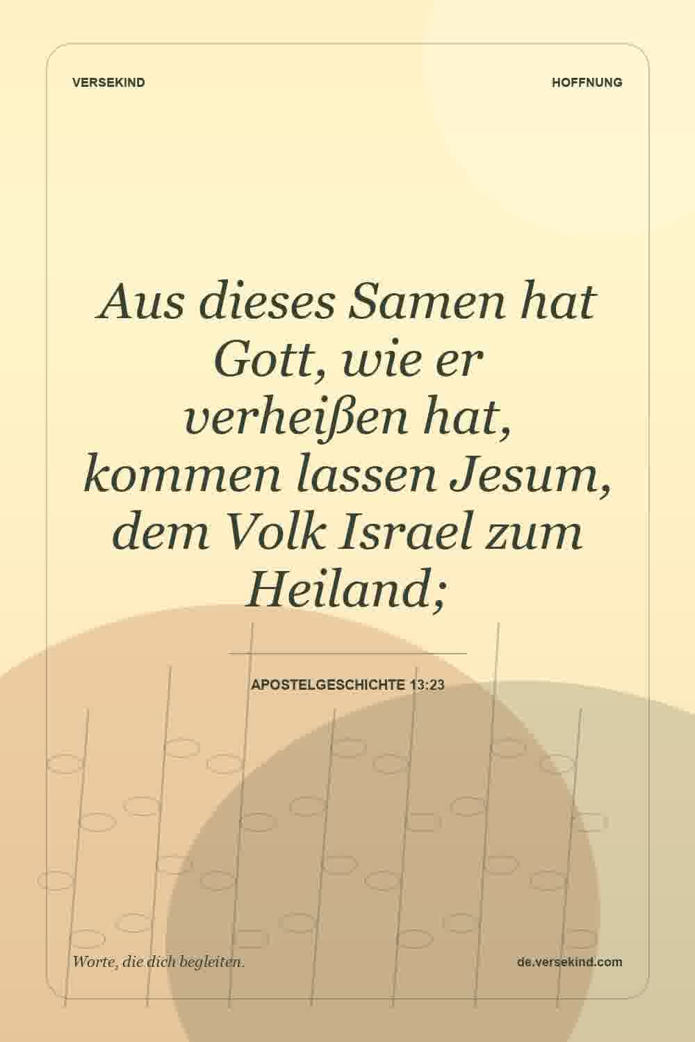 Aus dieses Samen hat Gott, wie er verheißen hat, kommen lassen Jesum, dem Volk Israel zum Heiland; — Apostelgeschichte 13:23