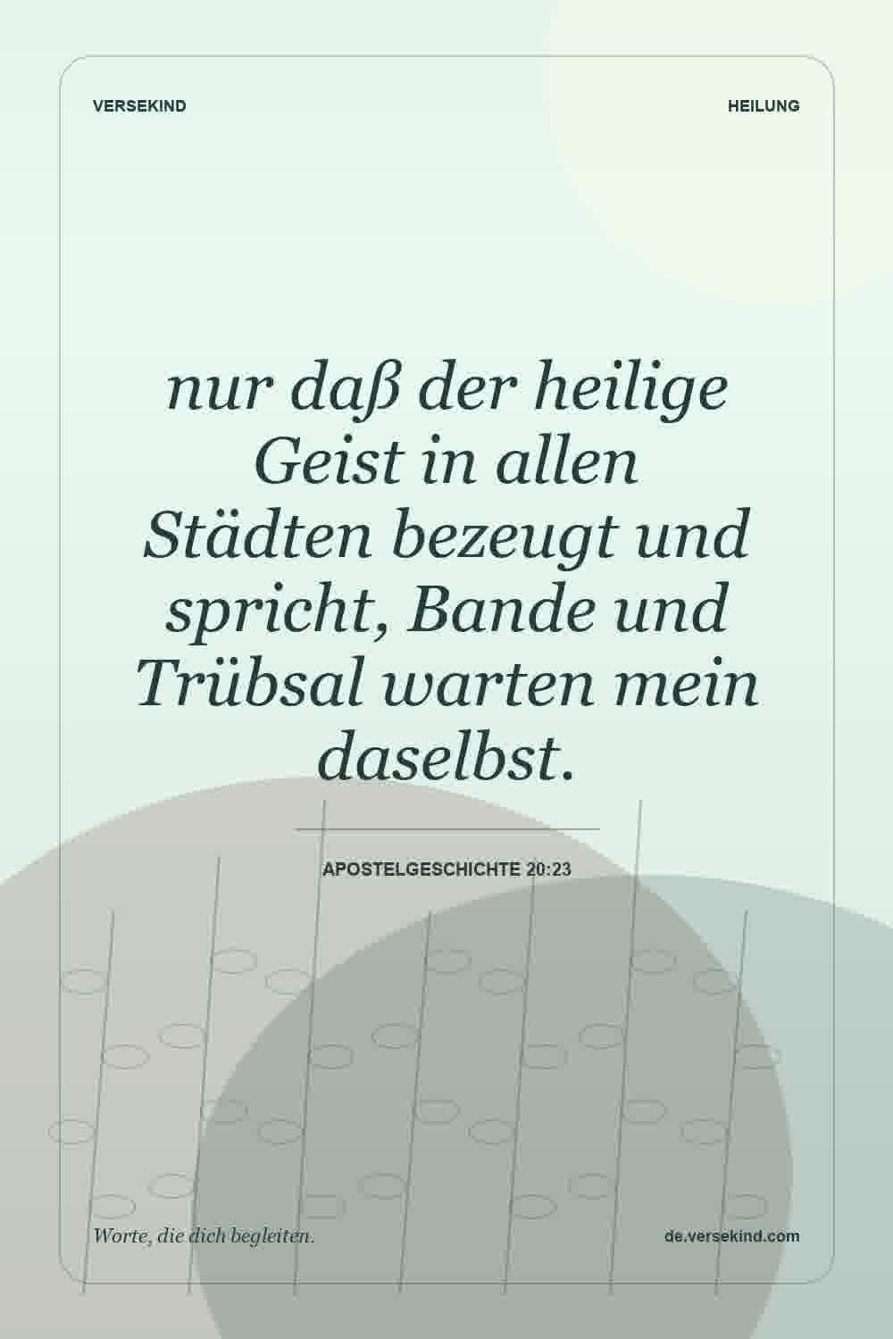 nur daß der heilige Geist in allen Städten bezeugt und spricht, Bande und Trübsal warten mein daselbst. — Apostelgeschichte 20:23