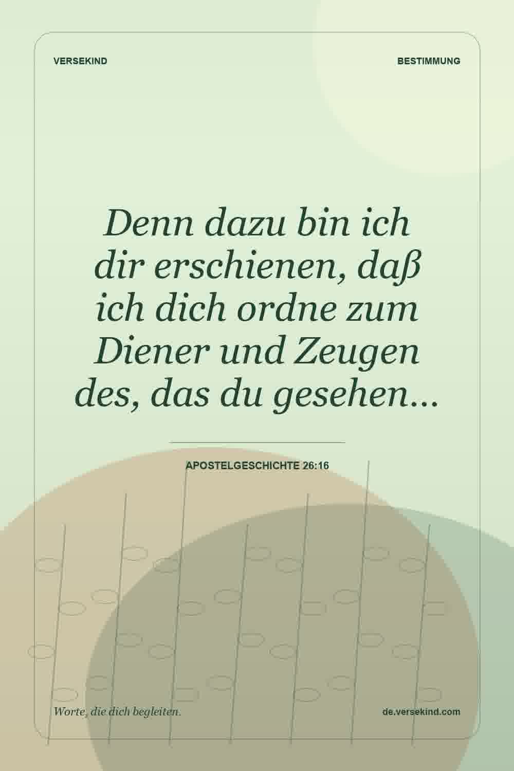 Denn dazu bin ich dir erschienen, daß ich dich ordne zum Diener und Zeugen des, das du gesehen… — Apostelgeschichte 26:16