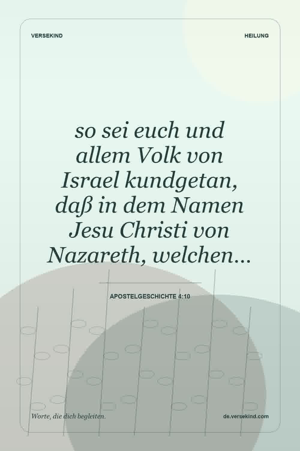 so sei euch und allem Volk von Israel kundgetan, daß in dem Namen Jesu Christi von Nazareth, welchen… — Apostelgeschichte 4:10