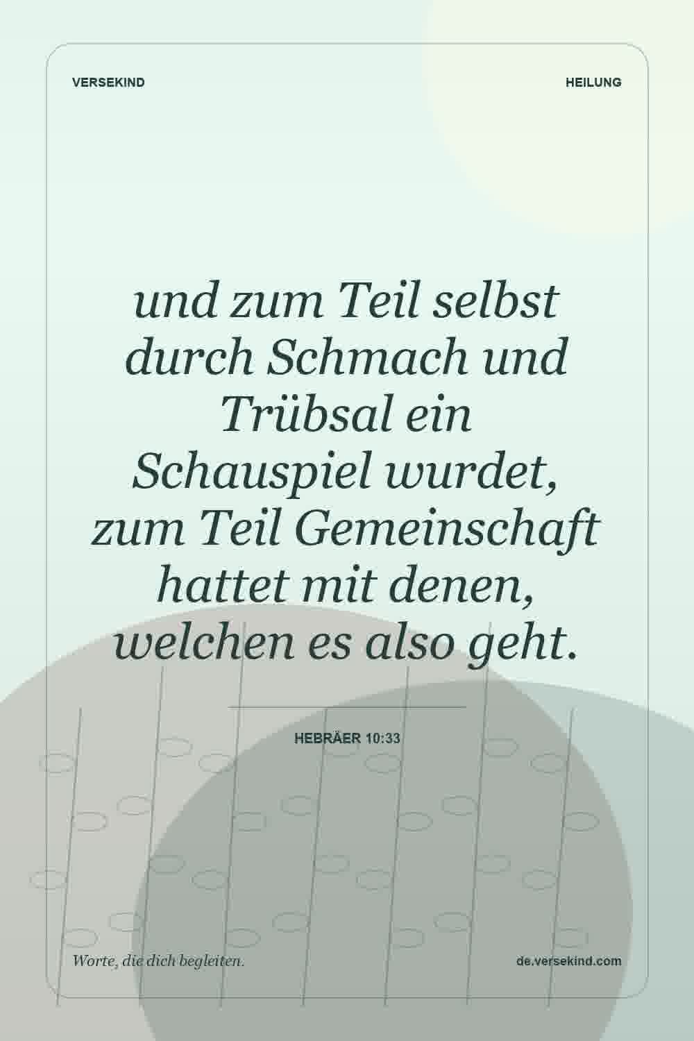 und zum Teil selbst durch Schmach und Trübsal ein Schauspiel wurdet, zum Teil Gemeinschaft hattet mit denen, welchen es also geht. — Hebräer 10:33