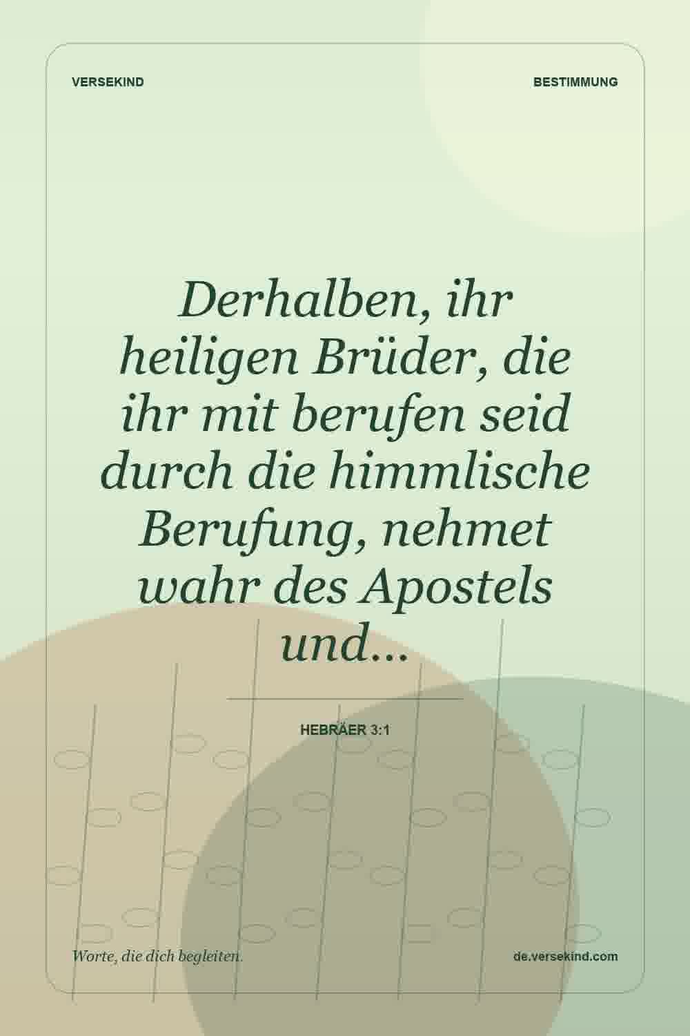 Derhalben, ihr heiligen Brüder, die ihr mit berufen seid durch die himmlische Berufung, nehmet wahr des Apostels und… — Hebräer 3:1