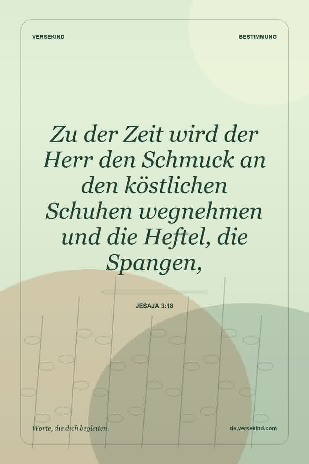 Zu der Zeit wird der Herr den Schmuck an den köstlichen Schuhen wegnehmen und die Heftel, die Spangen, — Jesaja 3:18