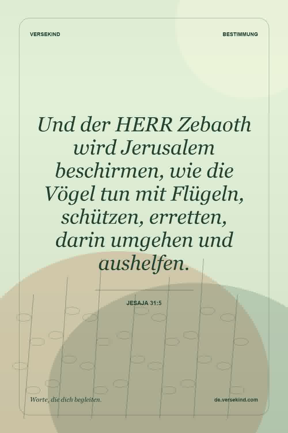 Und der HERR Zebaoth wird Jerusalem beschirmen, wie die Vögel tun mit Flügeln, schützen, erretten, darin umgehen und aushelfen. — Jesaja 31:5