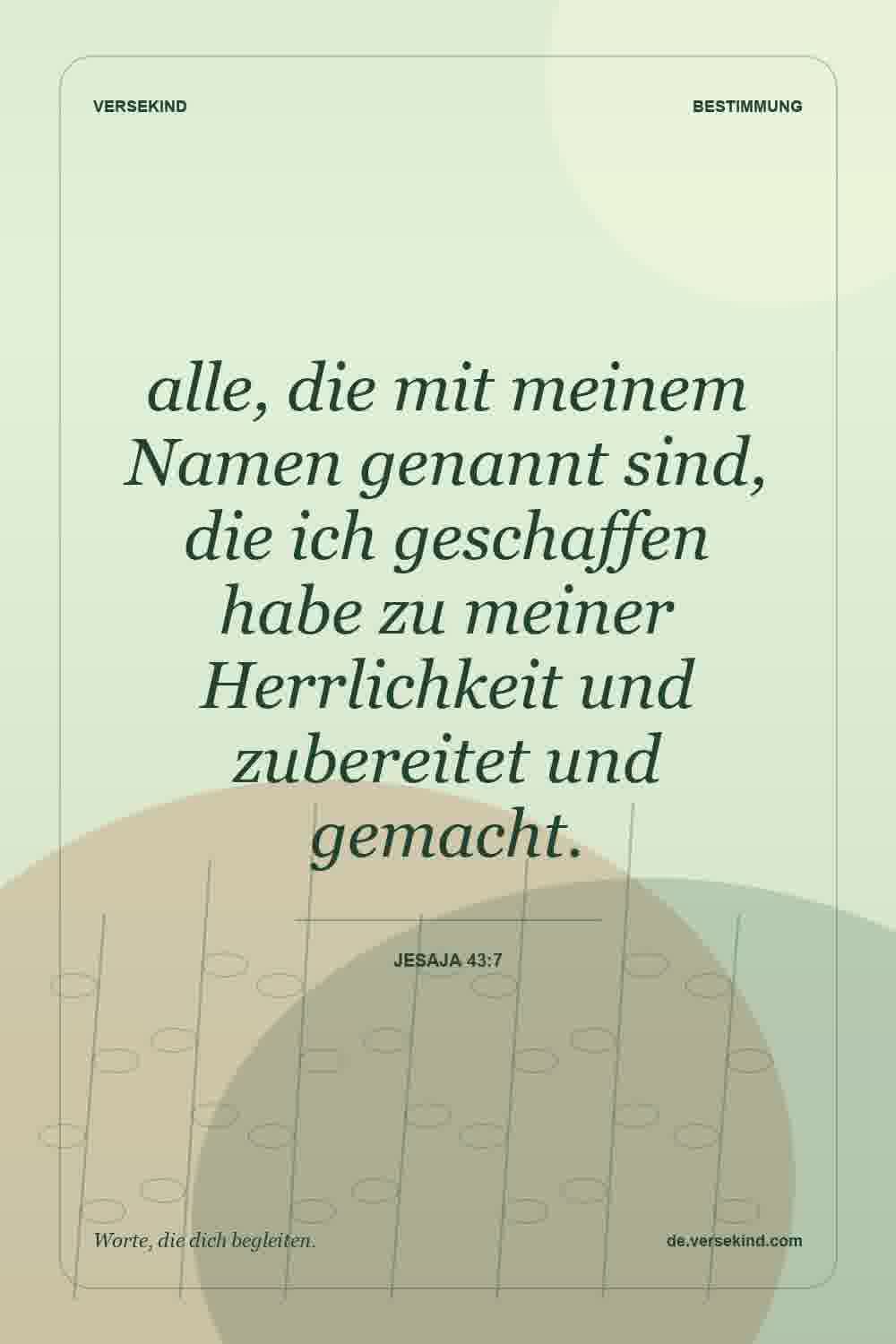alle, die mit meinem Namen genannt sind, die ich geschaffen habe zu meiner Herrlichkeit und zubereitet und gemacht. — Jesaja 43:7