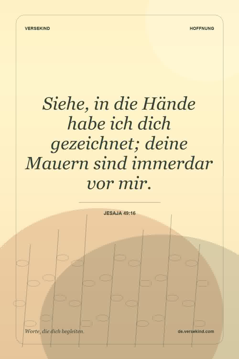 Siehe, in die Hände habe ich dich gezeichnet; deine Mauern sind immerdar vor mir. — Jesaja 49:16