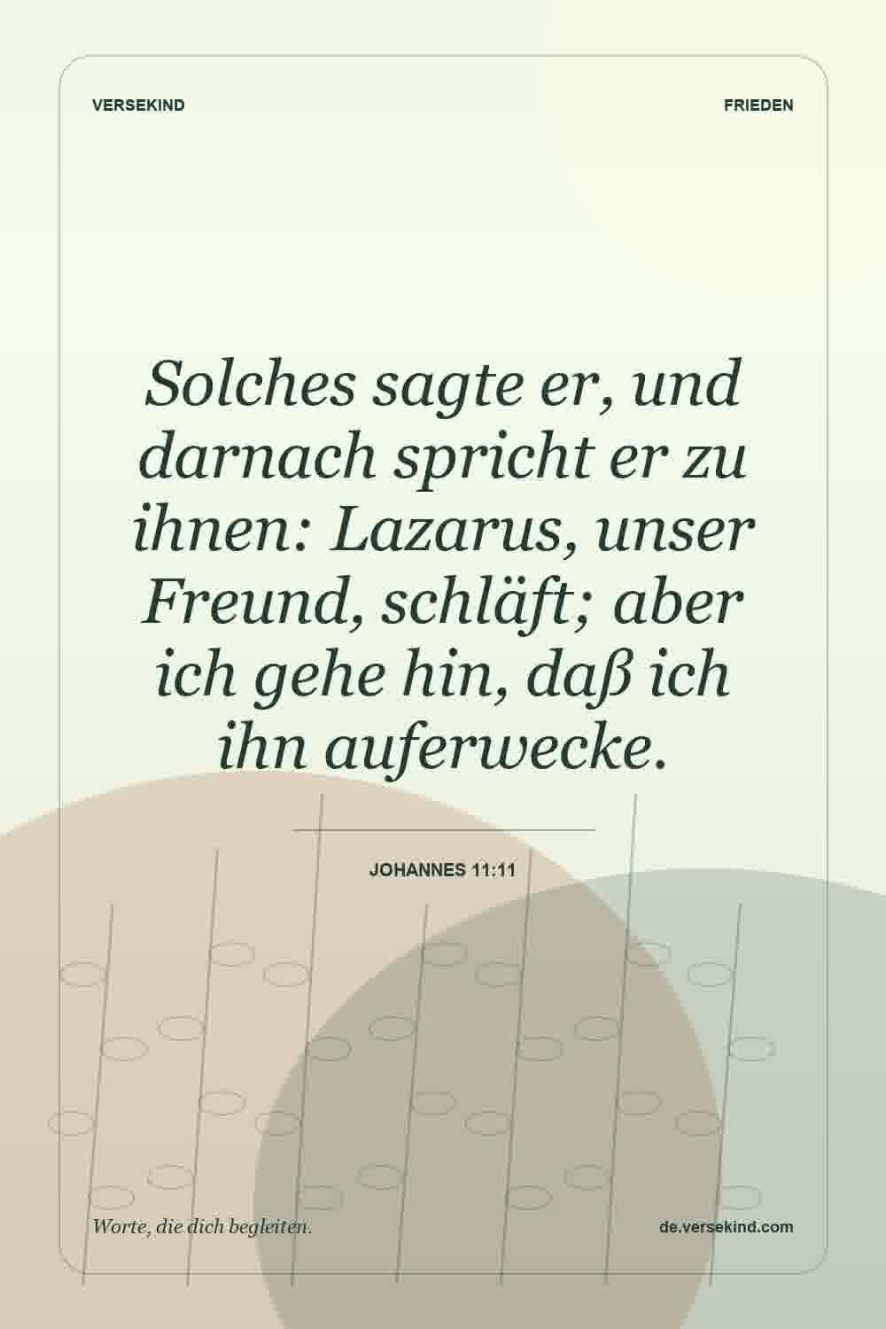 Solches sagte er, und darnach spricht er zu ihnen: Lazarus, unser Freund, schläft; aber ich gehe hin, daß ich ihn auferwecke. — Johannes 11:11