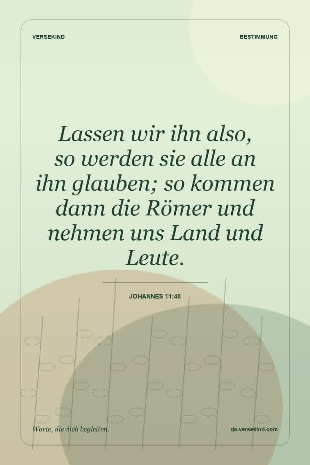 Lassen wir ihn also, so werden sie alle an ihn glauben; so kommen dann die Römer und nehmen uns Land und Leute. — Johannes 11:48