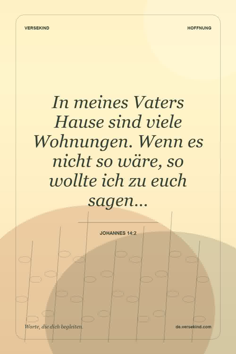In meines Vaters Hause sind viele Wohnungen. Wenn es nicht so wäre, so wollte ich zu euch sagen… — Johannes 14:2