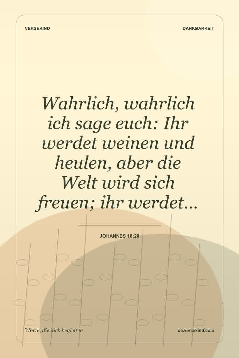 Wahrlich, wahrlich ich sage euch: Ihr werdet weinen und heulen, aber die Welt wird sich freuen; ihr werdet… — Johannes 16:20