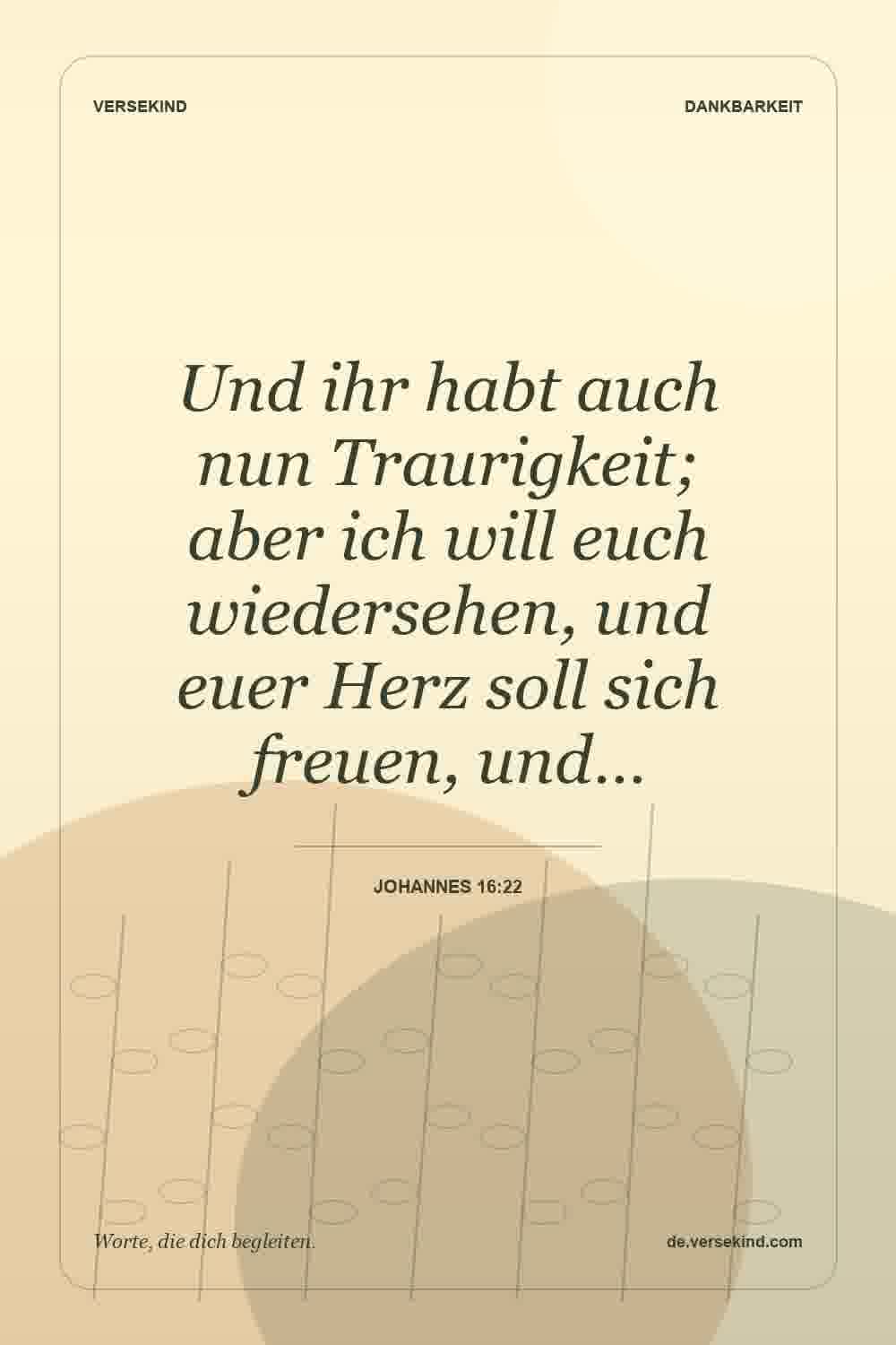 Und ihr habt auch nun Traurigkeit; aber ich will euch wiedersehen, und euer Herz soll sich freuen, und… — Johannes 16:22