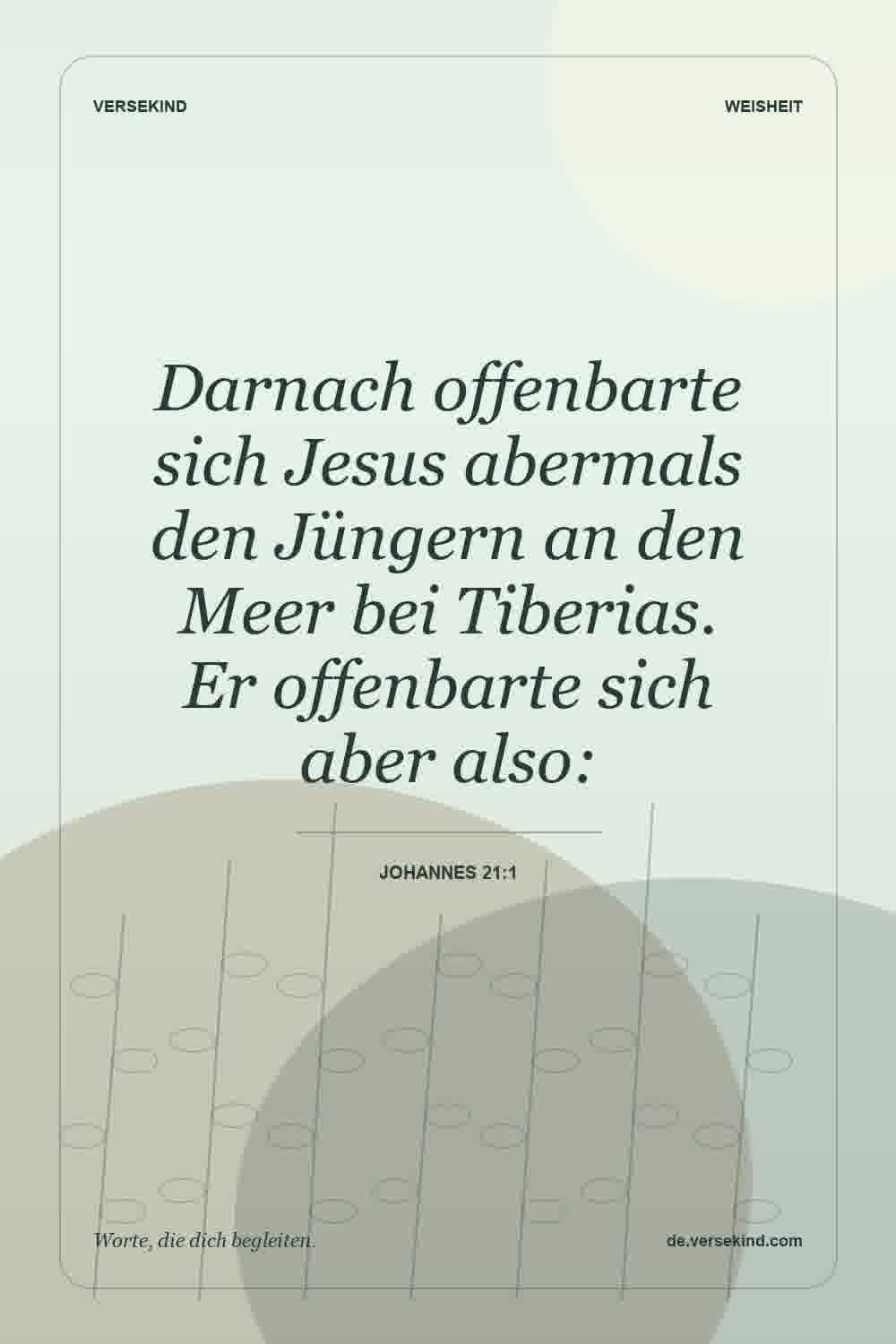 Darnach offenbarte sich Jesus abermals den Jüngern an den Meer bei Tiberias. Er offenbarte sich aber also: — Johannes 21:1