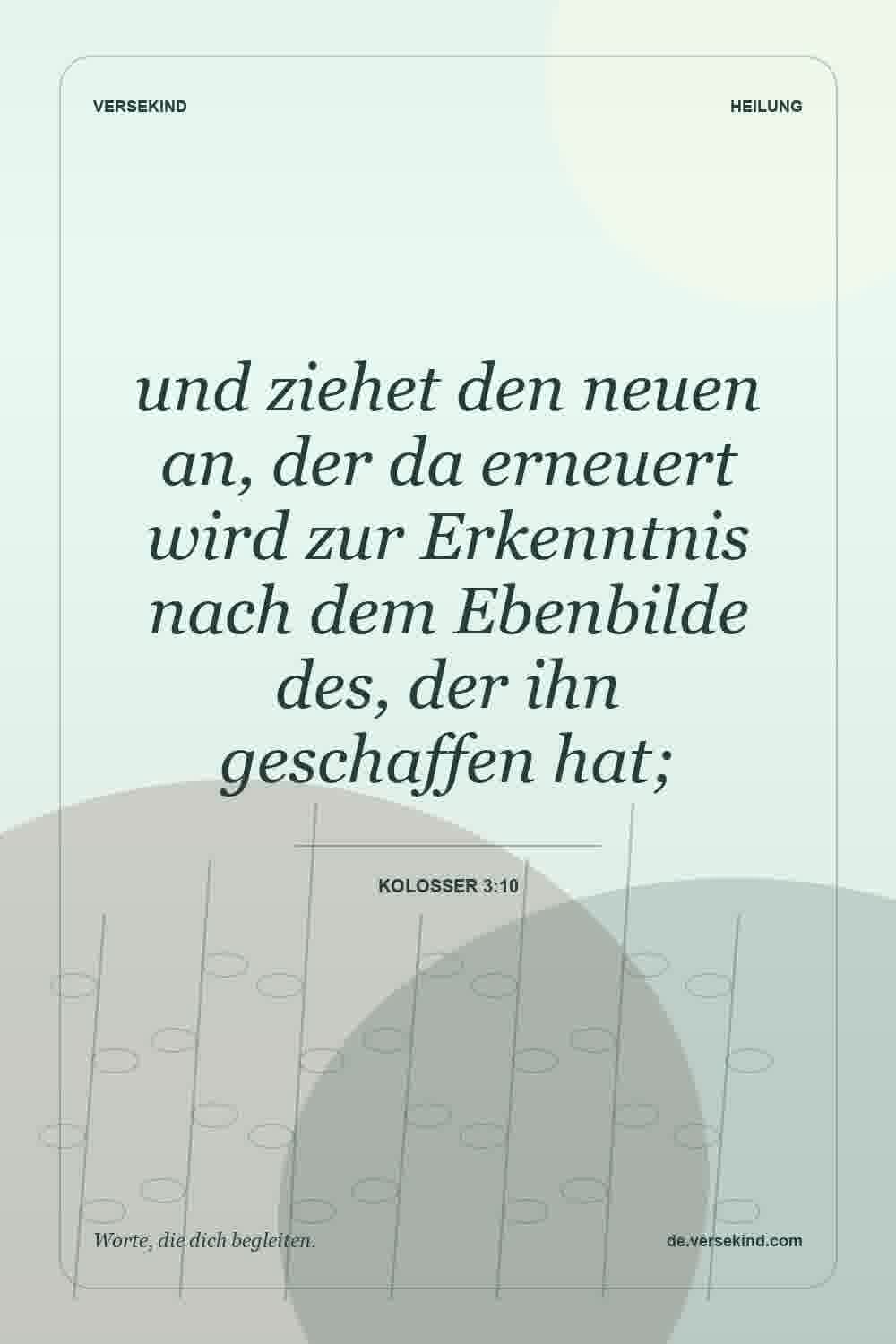 und ziehet den neuen an, der da erneuert wird zur Erkenntnis nach dem Ebenbilde des, der ihn geschaffen hat; — Kolosser 3:10