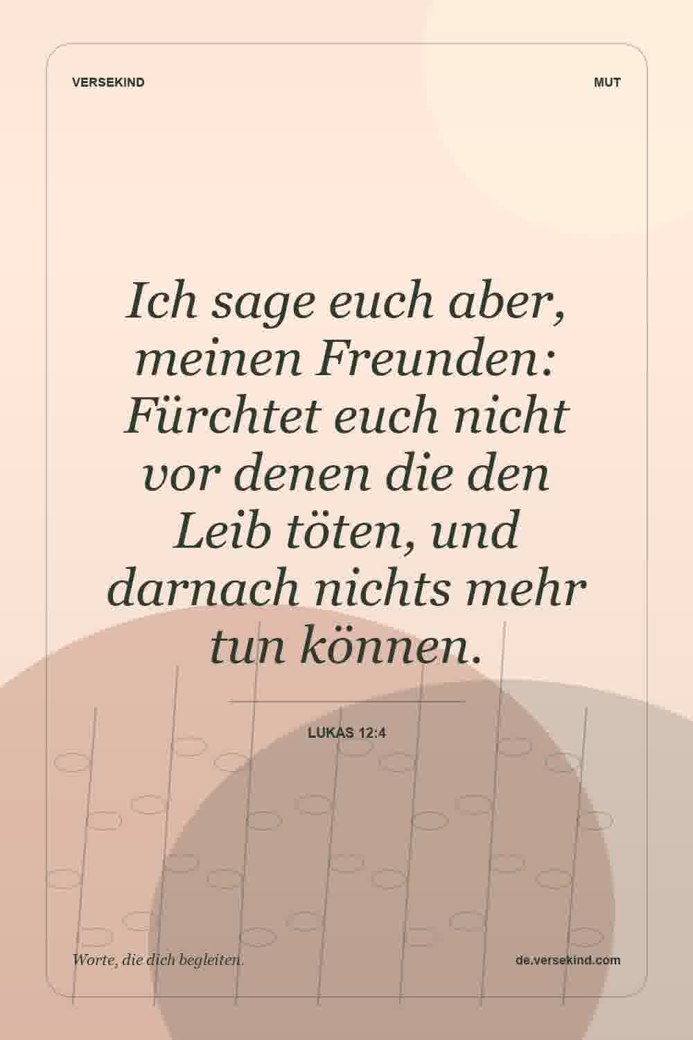 Ich sage euch aber, meinen Freunden: Fürchtet euch nicht vor denen die den Leib töten, und darnach nichts mehr tun können. — Lukas 12:4