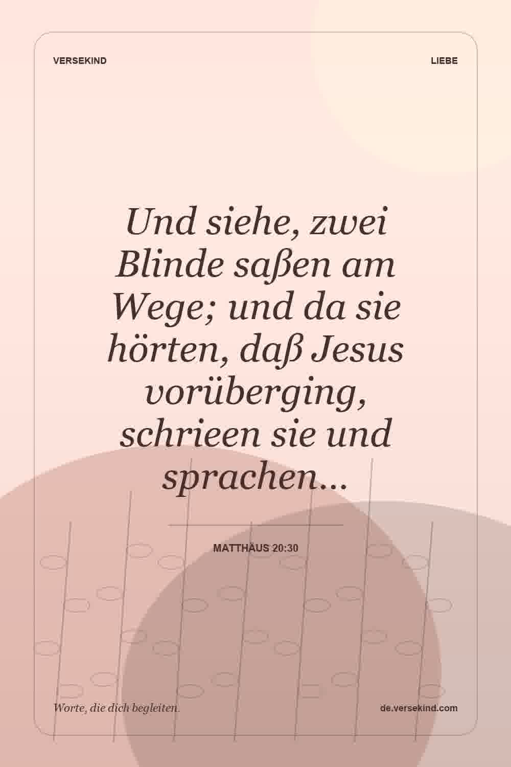 Und siehe, zwei Blinde saßen am Wege; und da sie hörten, daß Jesus vorüberging, schrieen sie und sprachen… — Matthäus 20:30
