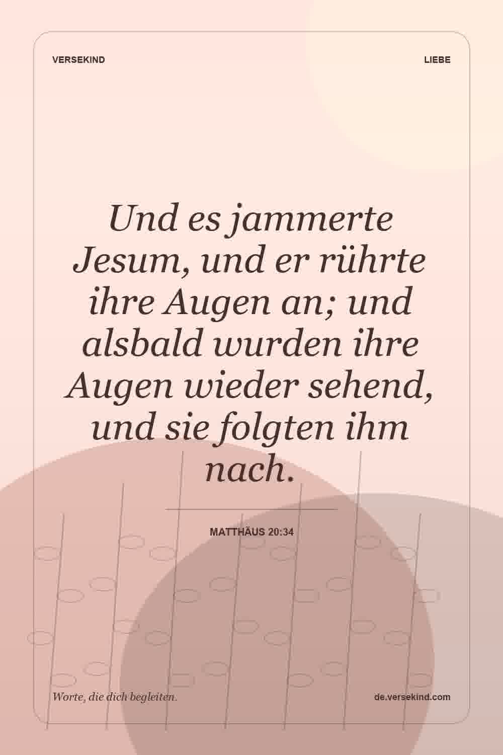 Und es jammerte Jesum, und er rührte ihre Augen an; und alsbald wurden ihre Augen wieder sehend, und sie folgten ihm nach. — Matthäus 20:34