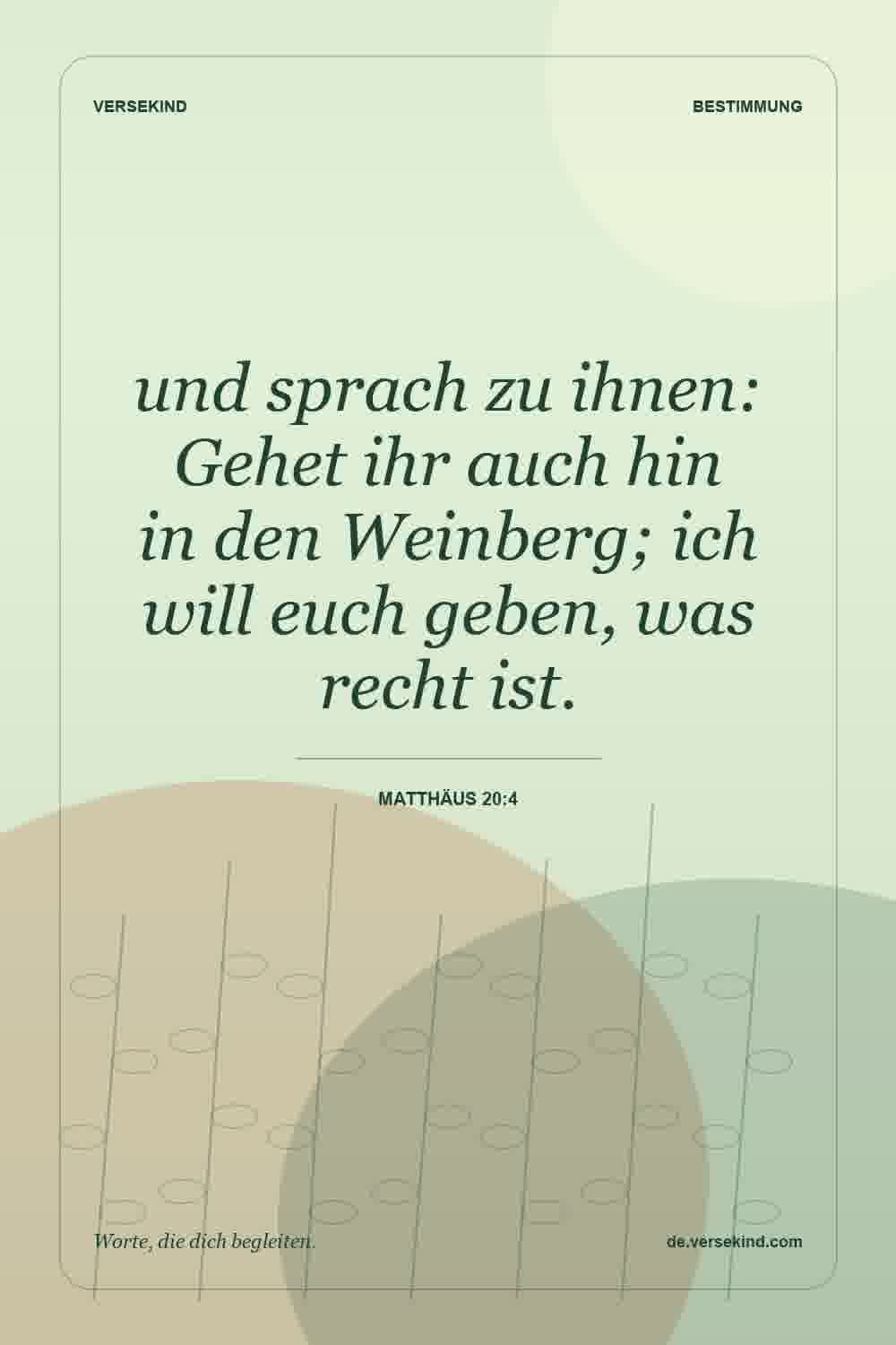 und sprach zu ihnen: Gehet ihr auch hin in den Weinberg; ich will euch geben, was recht ist. — Matthäus 20:4