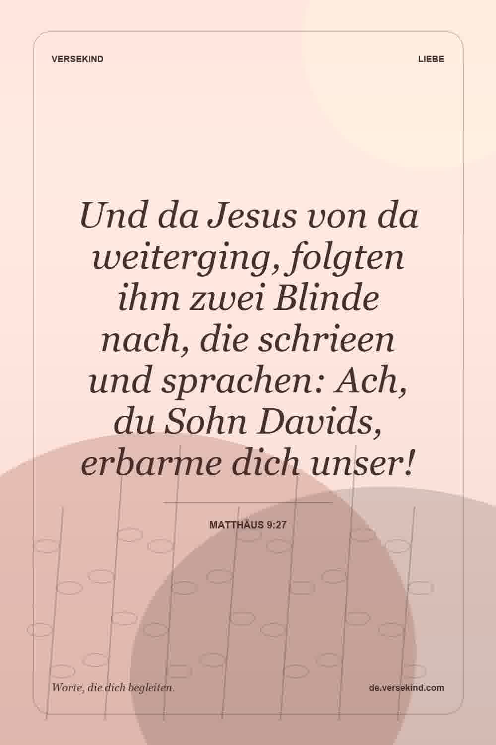 Und da Jesus von da weiterging, folgten ihm zwei Blinde nach, die schrieen und sprachen: Ach, du Sohn Davids, erbarme dich unser! — Matthäus 9:27