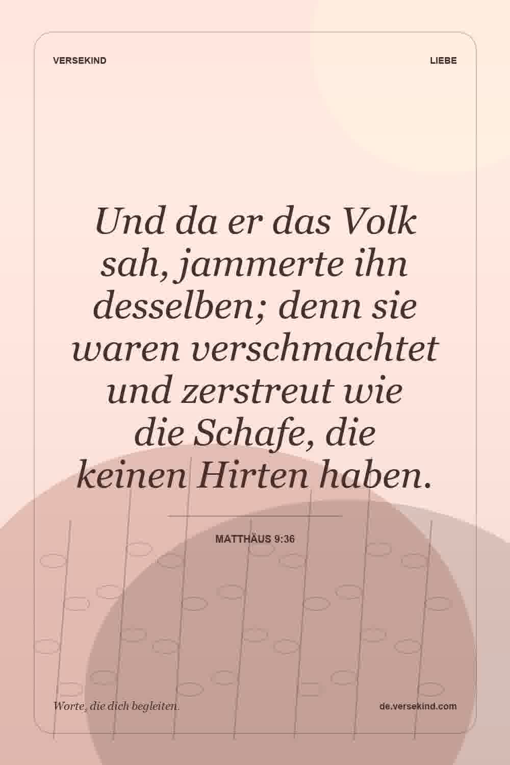 Und da er das Volk sah, jammerte ihn desselben; denn sie waren verschmachtet und zerstreut wie die Schafe, die keinen Hirten haben. — Matthäus 9:36