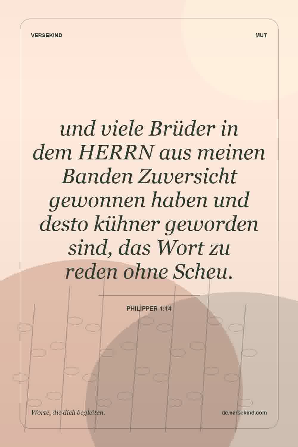 und viele Brüder in dem HERRN aus meinen Banden Zuversicht gewonnen haben und desto kühner geworden sind, das Wort zu reden ohne Scheu. — Philipper 1:14