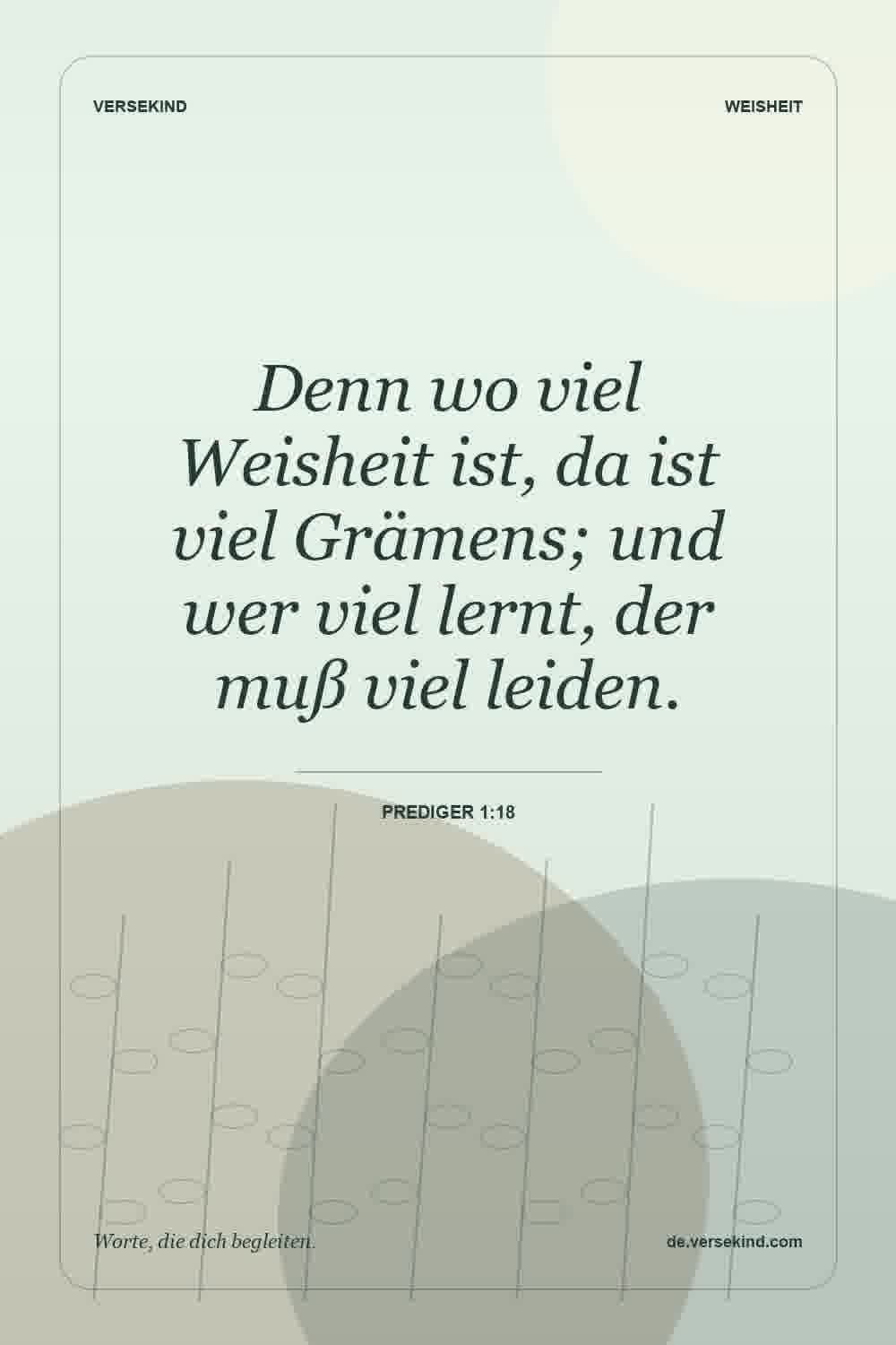 Denn wo viel Weisheit ist, da ist viel Grämens; und wer viel lernt, der muß viel leiden. — Prediger 1:18