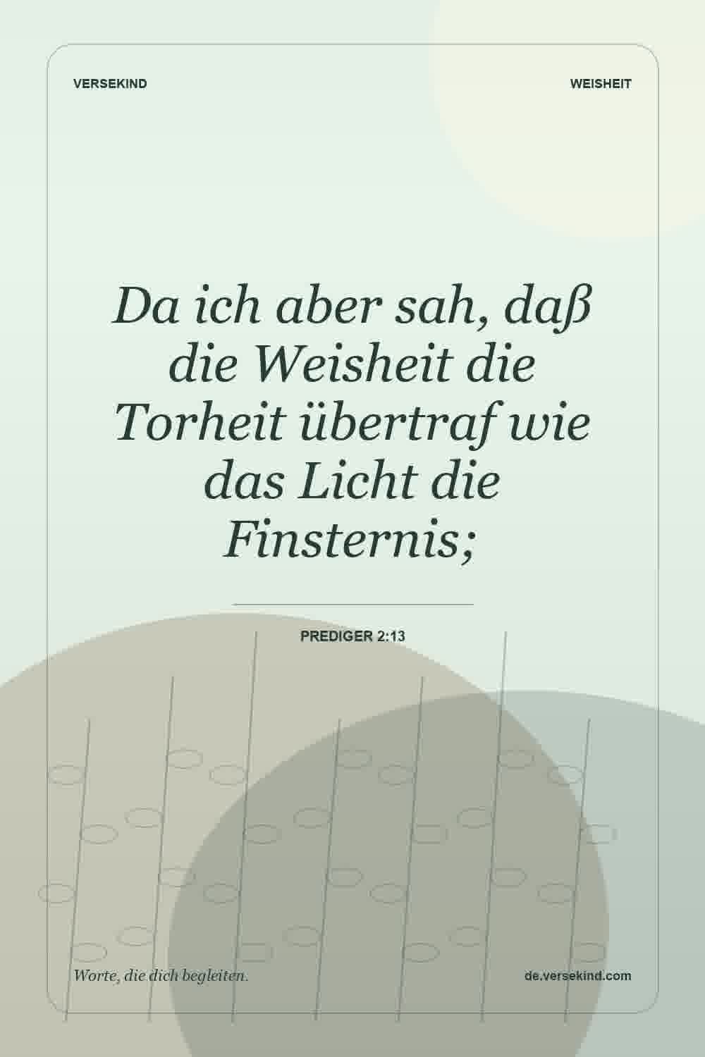 Da ich aber sah, daß die Weisheit die Torheit übertraf wie das Licht die Finsternis; — Prediger 2:13