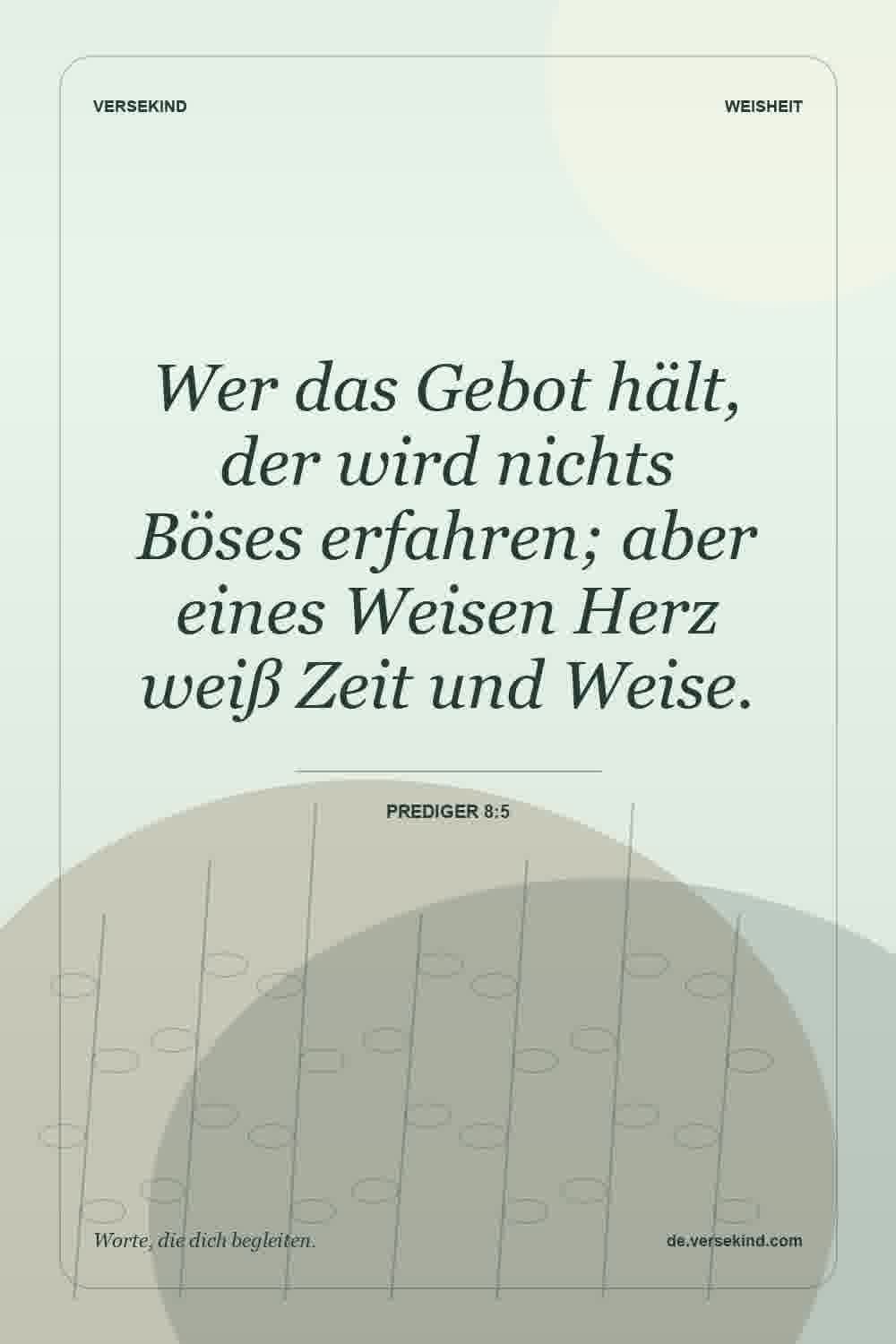 Wer das Gebot hält, der wird nichts Böses erfahren; aber eines Weisen Herz weiß Zeit und Weise. — Prediger 8:5