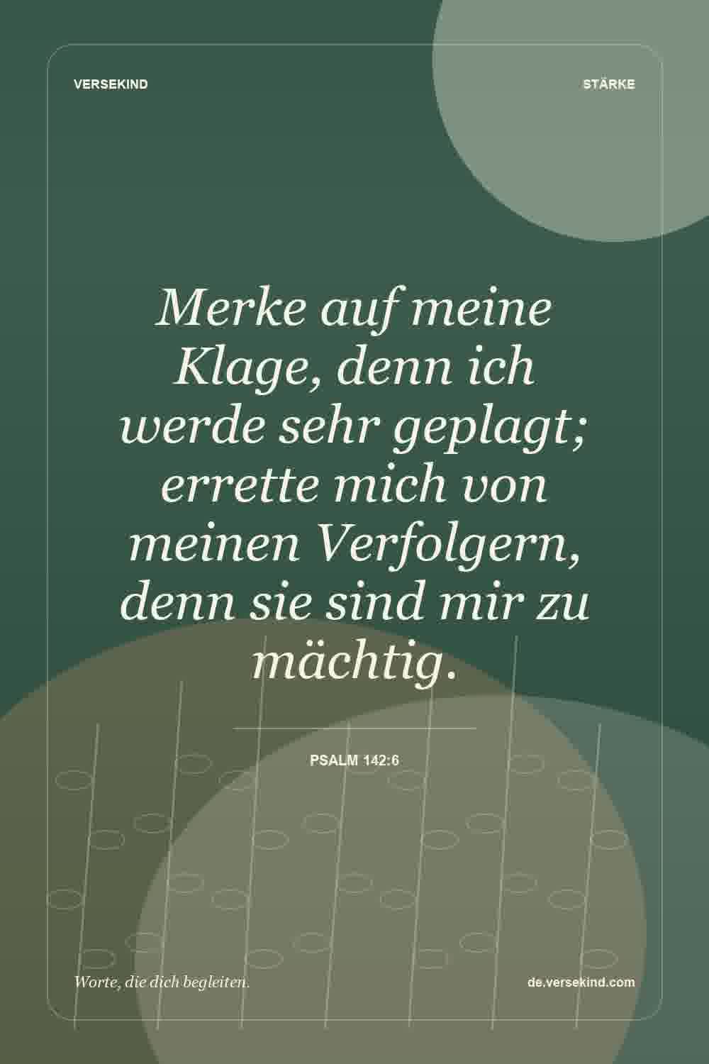 Merke auf meine Klage, denn ich werde sehr geplagt; errette mich von meinen Verfolgern, denn sie sind mir zu mächtig. — Psalm 142:6