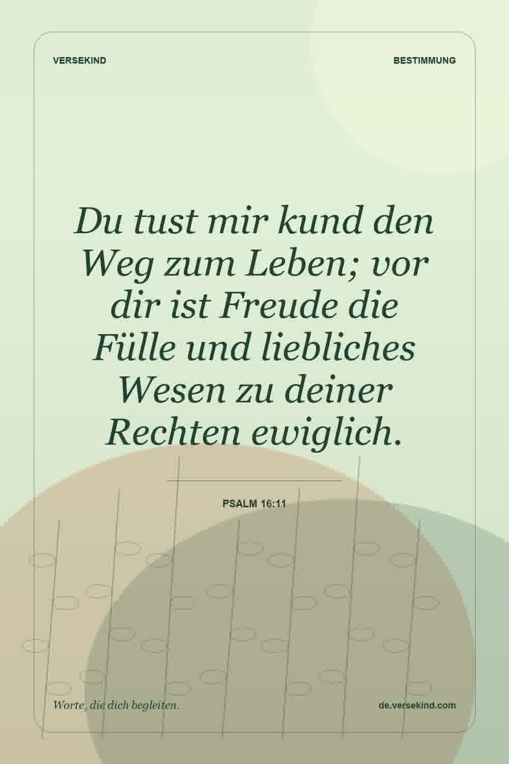 Du tust mir kund den Weg zum Leben; vor dir ist Freude die Fülle und liebliches Wesen zu deiner Rechten ewiglich. — Psalm 16:11