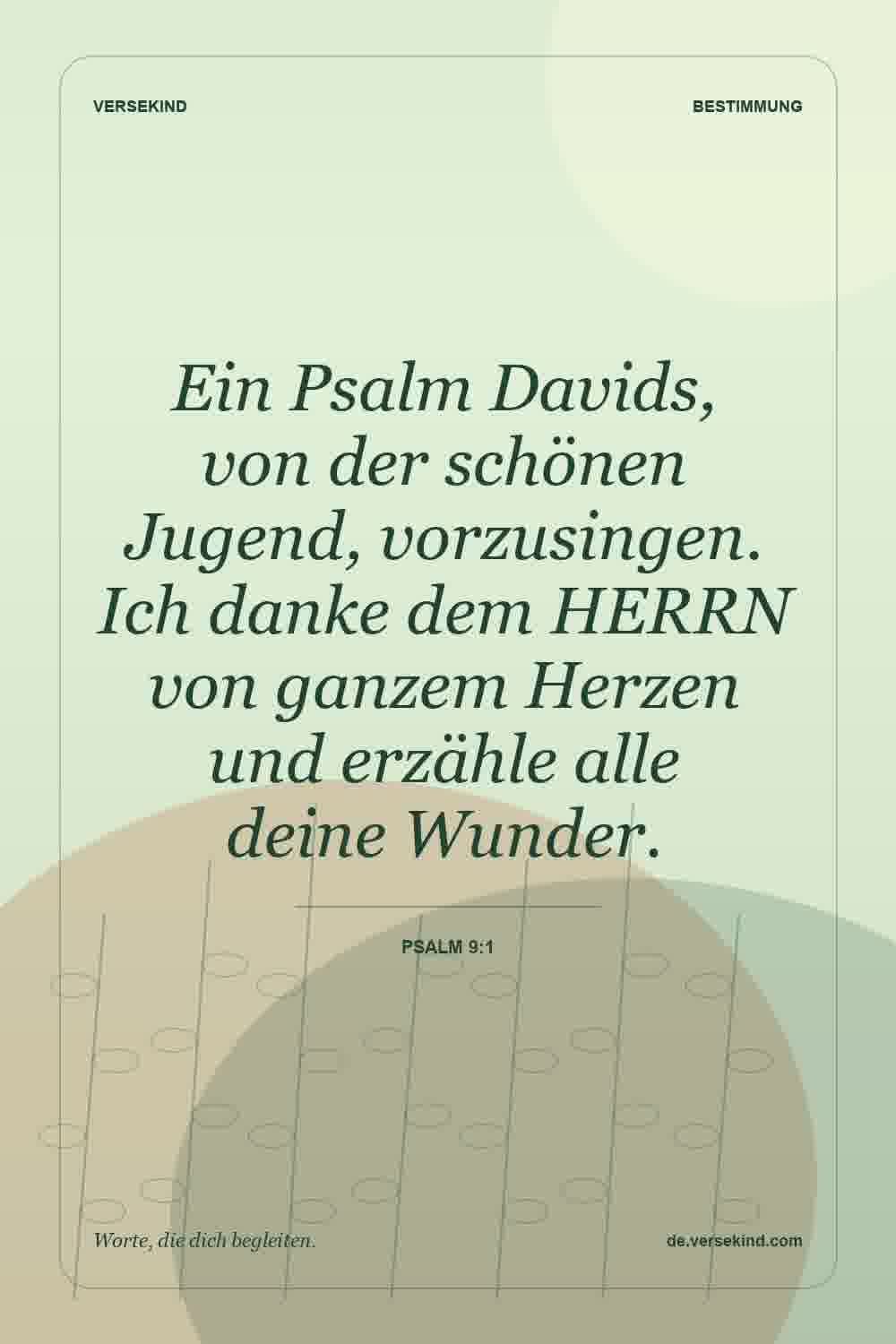 Ein Psalm Davids, von der schönen Jugend, vorzusingen. Ich danke dem HERRN von ganzem Herzen und erzähle alle deine Wunder. — Psalm 9:1