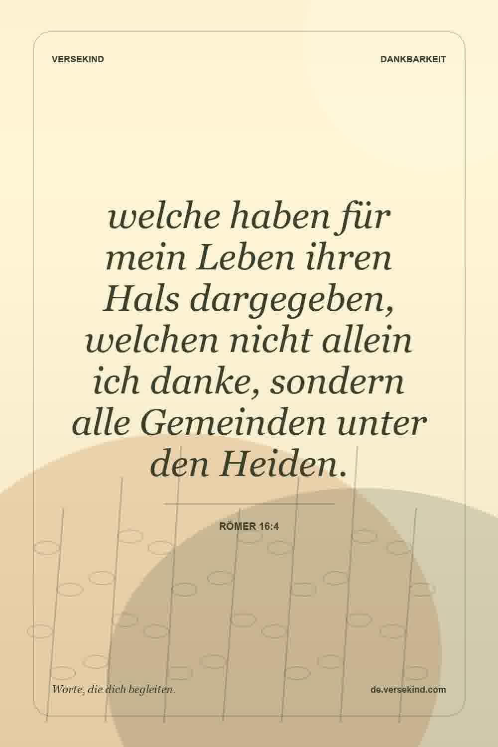 welche haben für mein Leben ihren Hals dargegeben, welchen nicht allein ich danke, sondern alle Gemeinden unter den Heiden. — Römer 16:4