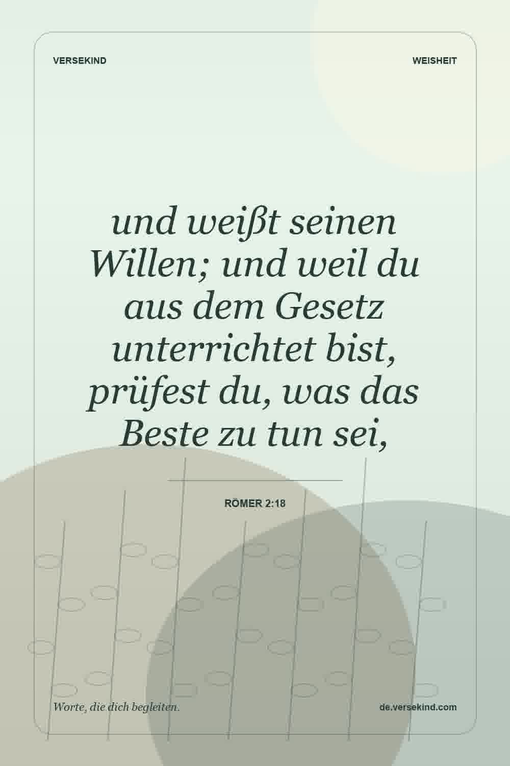 und weißt seinen Willen; und weil du aus dem Gesetz unterrichtet bist, prüfest du, was das Beste zu tun sei, — Römer 2:18