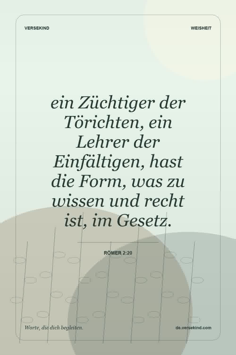 ein Züchtiger der Törichten, ein Lehrer der Einfältigen, hast die Form, was zu wissen und recht ist, im Gesetz. — Römer 2:20