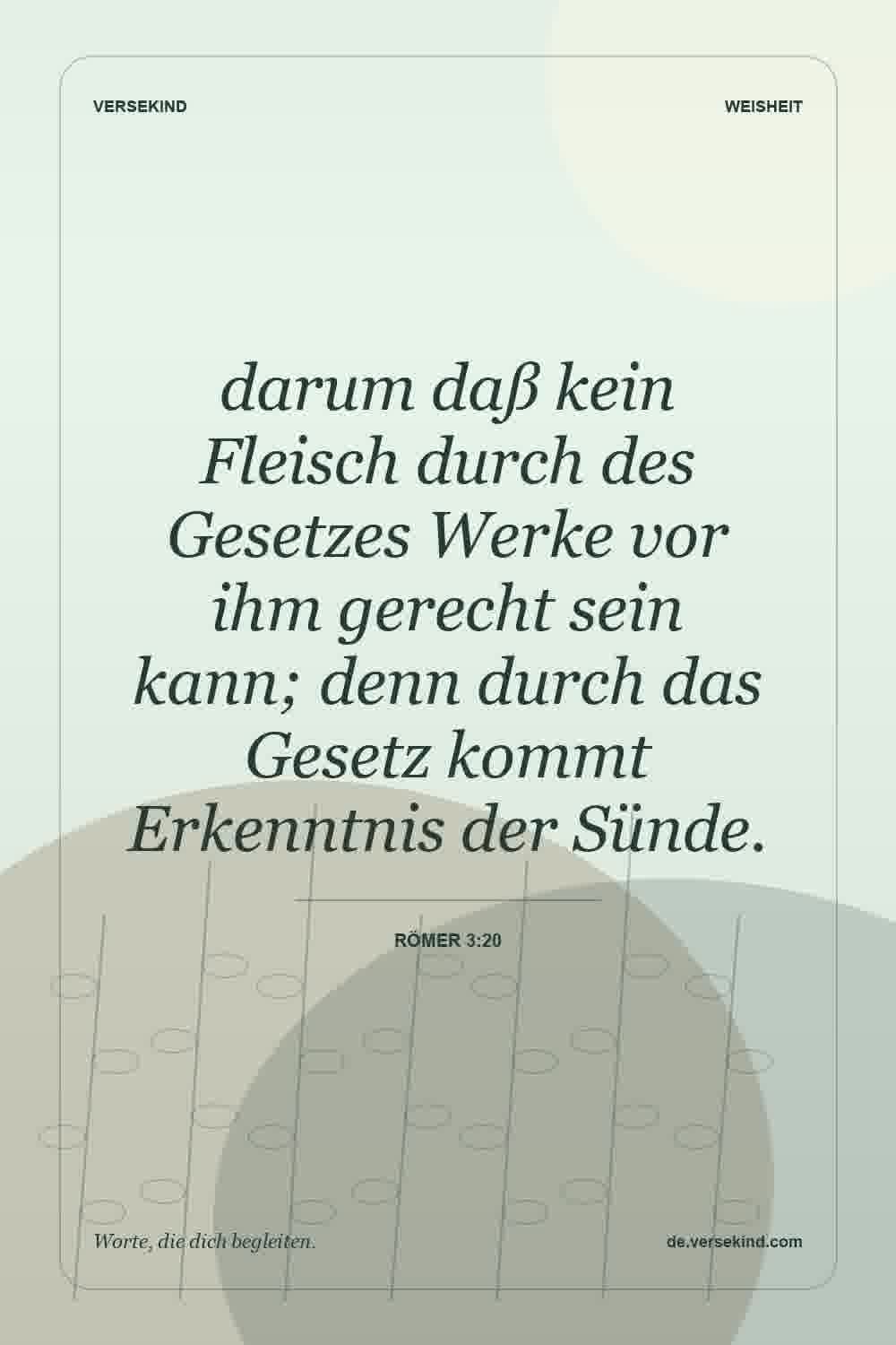 darum daß kein Fleisch durch des Gesetzes Werke vor ihm gerecht sein kann; denn durch das Gesetz kommt Erkenntnis der Sünde. — Römer 3:20